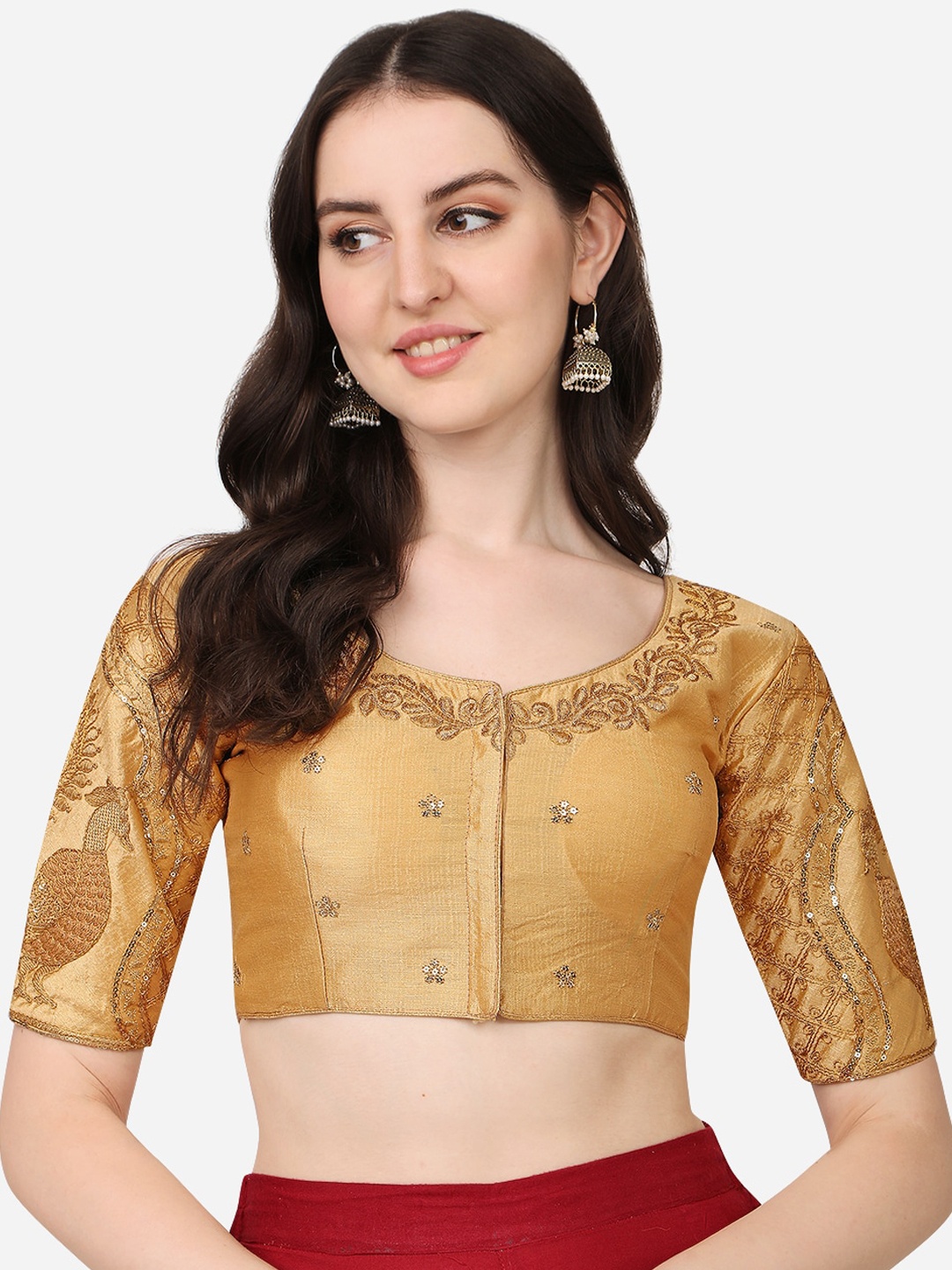 

PUJIA MILLS Women Gold Embroidery Work Readymade Blouse