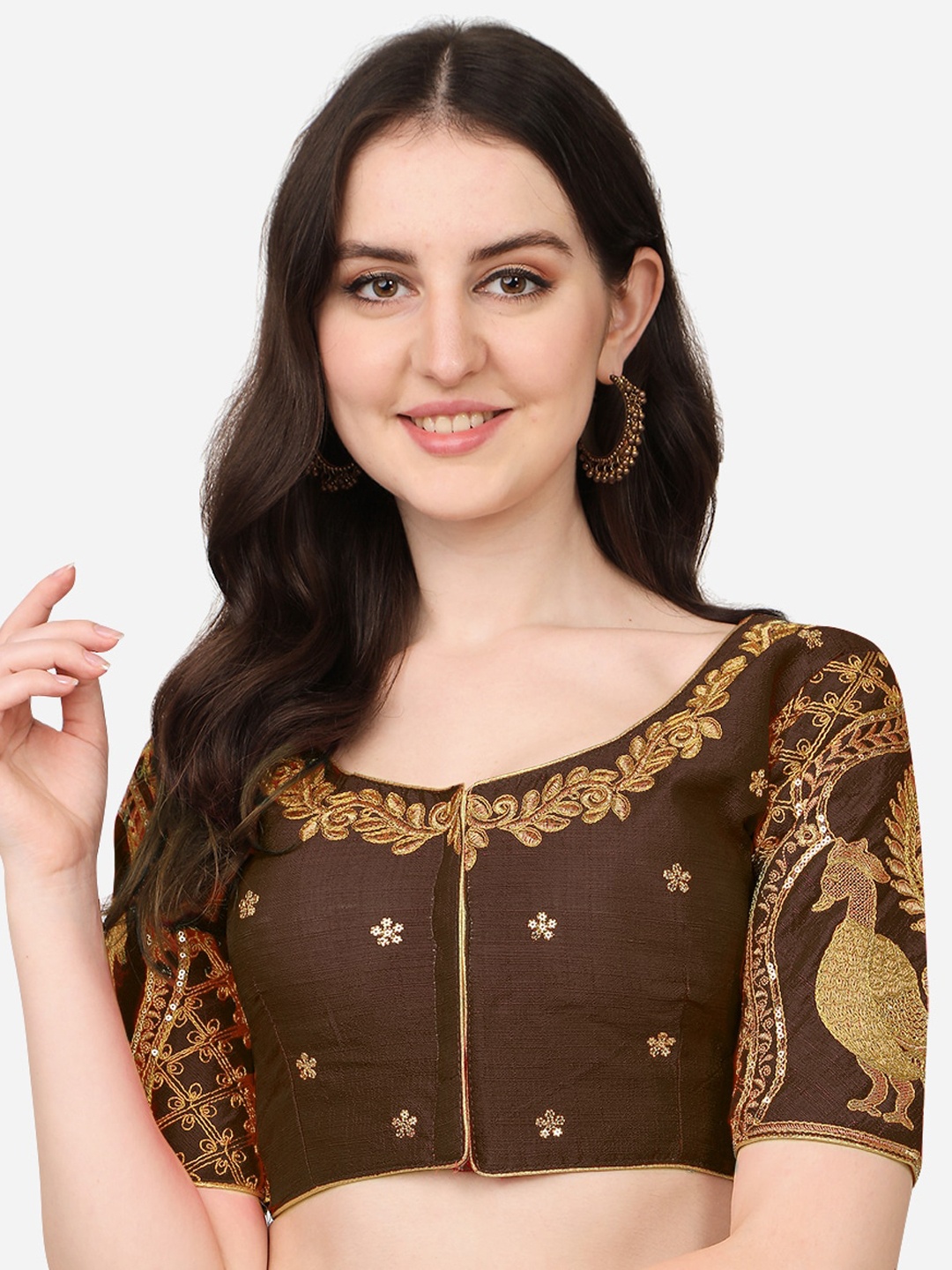 

PUJIA MILLS Brown Embroidered Saree Blouse