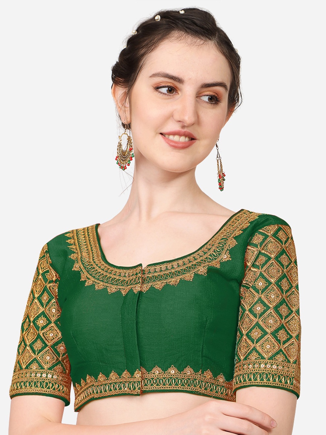 

PUJIA MILLS Green & Gold-Toned Embroidered Saree Blouse