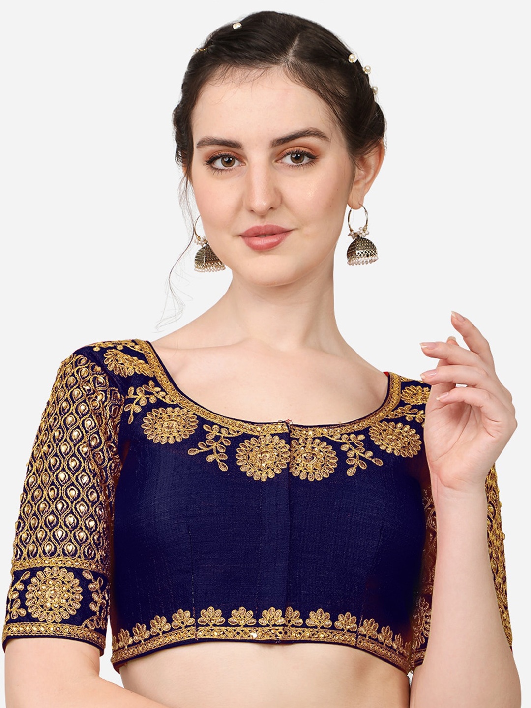 

PUJIA MILLS Navy Blue Embroidered Readymade Saree Blouse