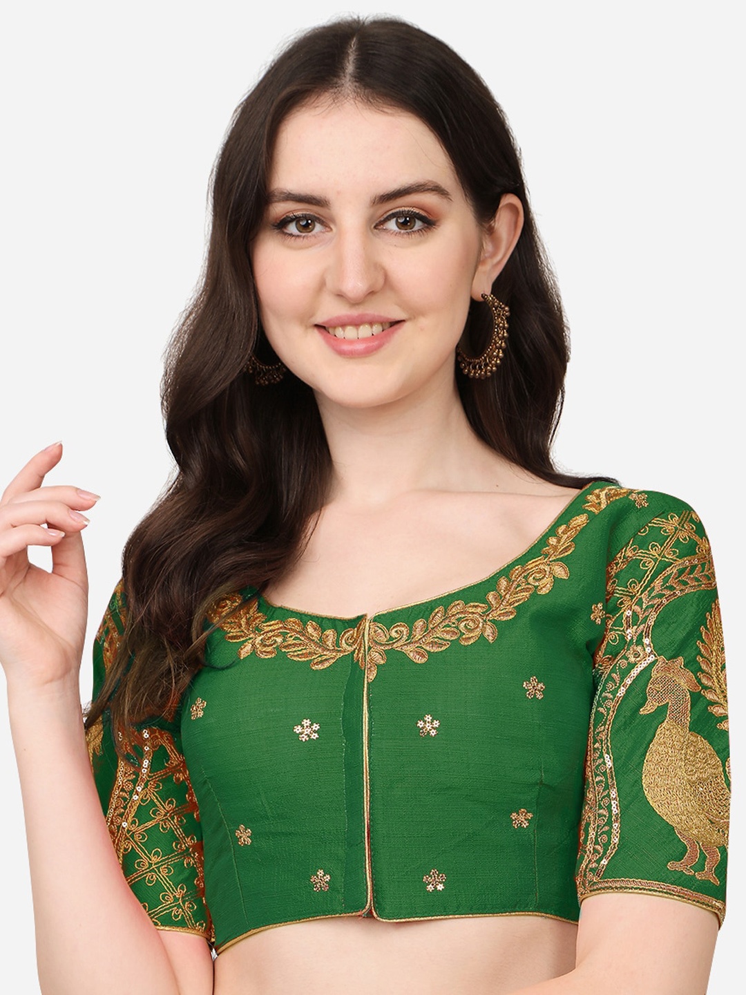 

PUJIA MILLS Green & Gold-Toned Embroidered Saree Blouse