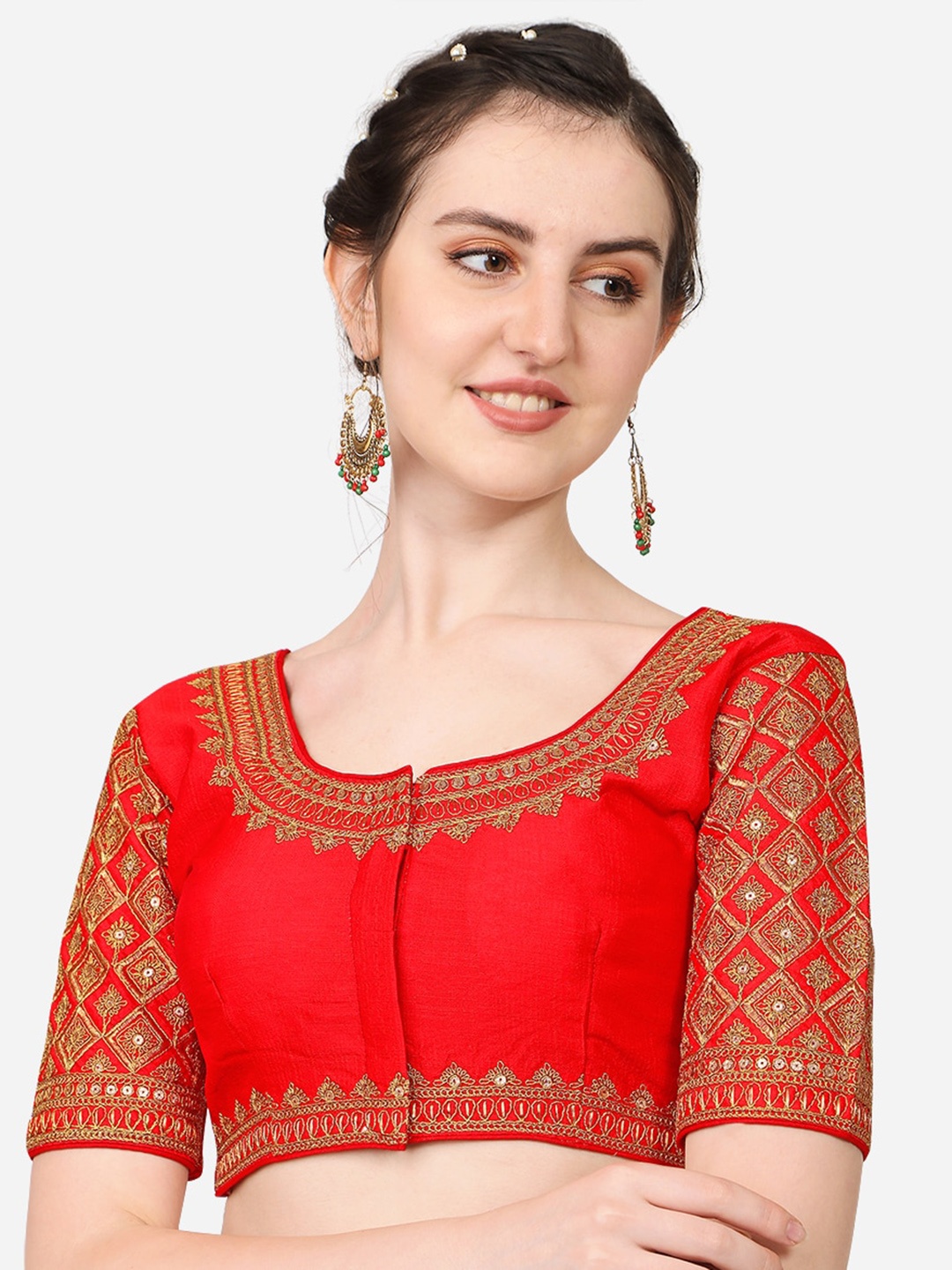 

PUJIA MILLS Women Red & Gold-Coloured Embroidered Silk Saree Blouse