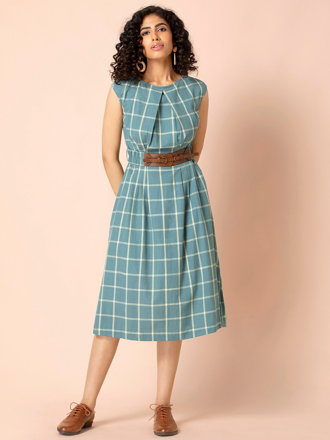 

Earthen BY INDYA Blue A-Line Printed Cotton Midi Dress with Belt