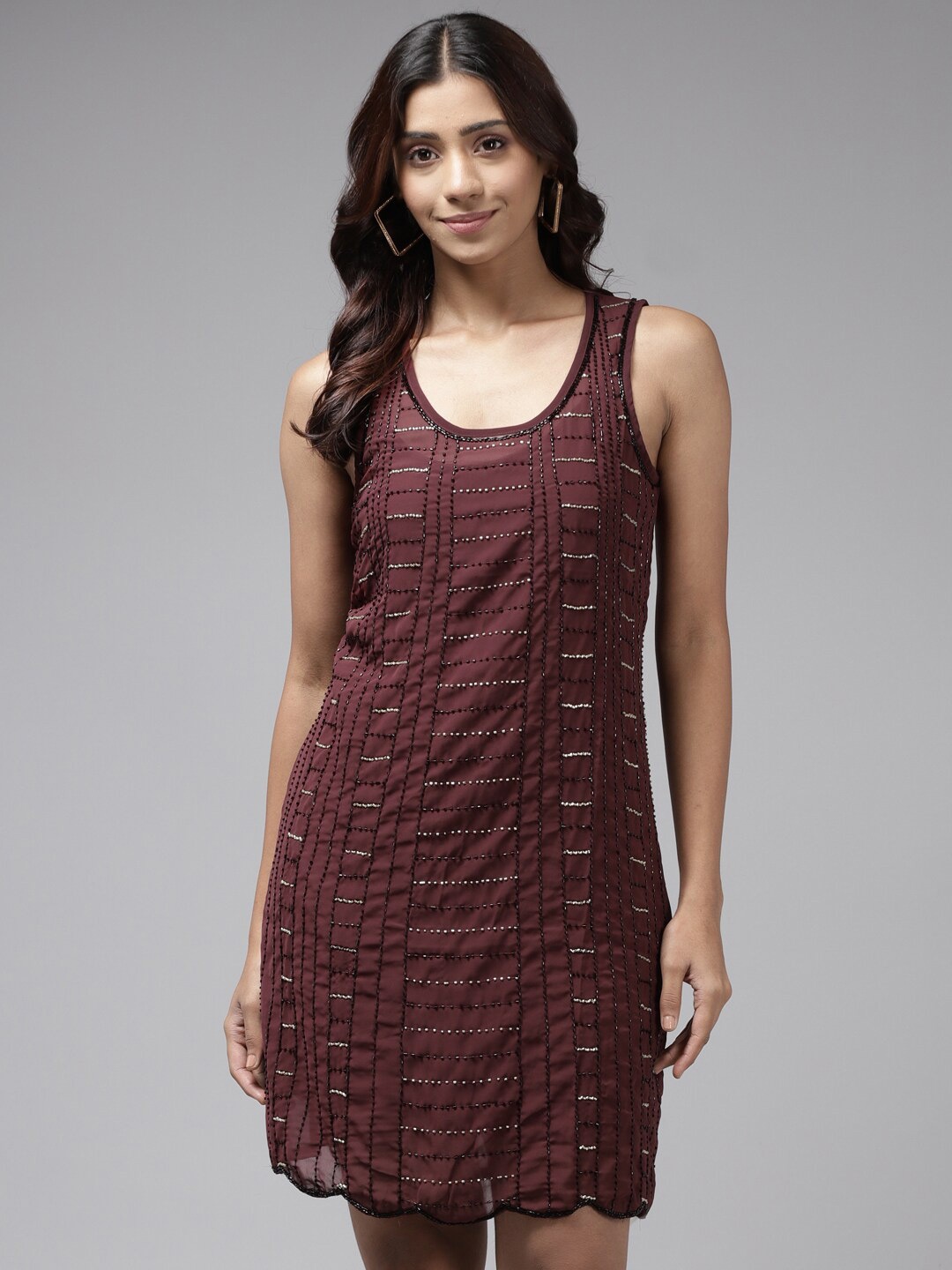 

Aarika Women Burgundy Embellished Georgette A-Line Dress