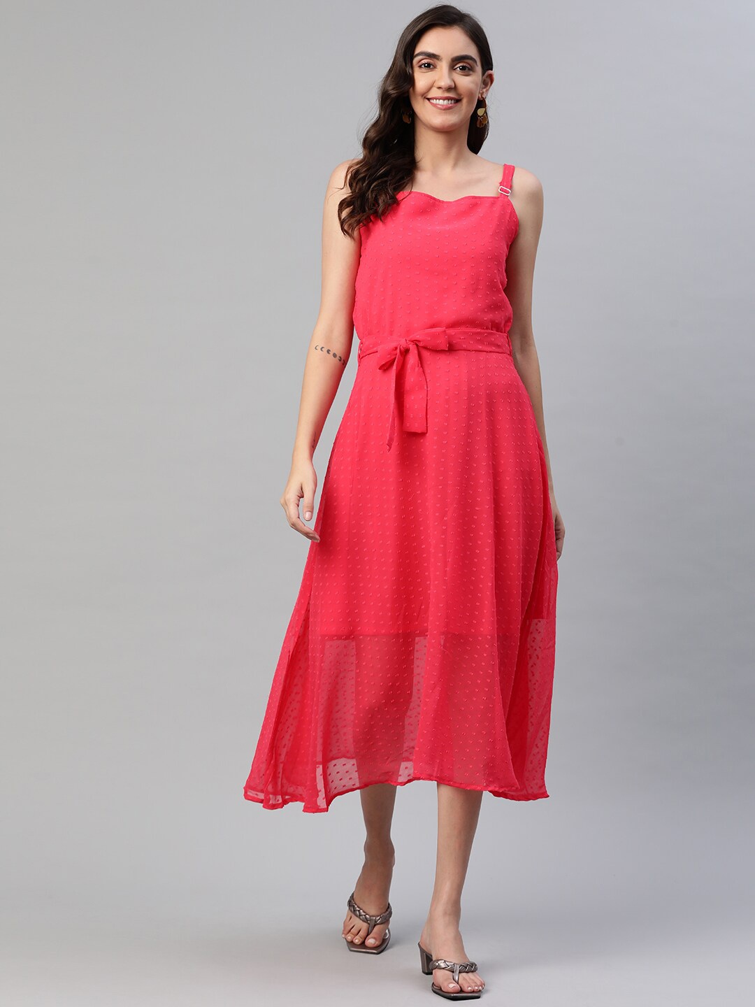 

Aarika Women Coral Georgette A-Line Midi Dress