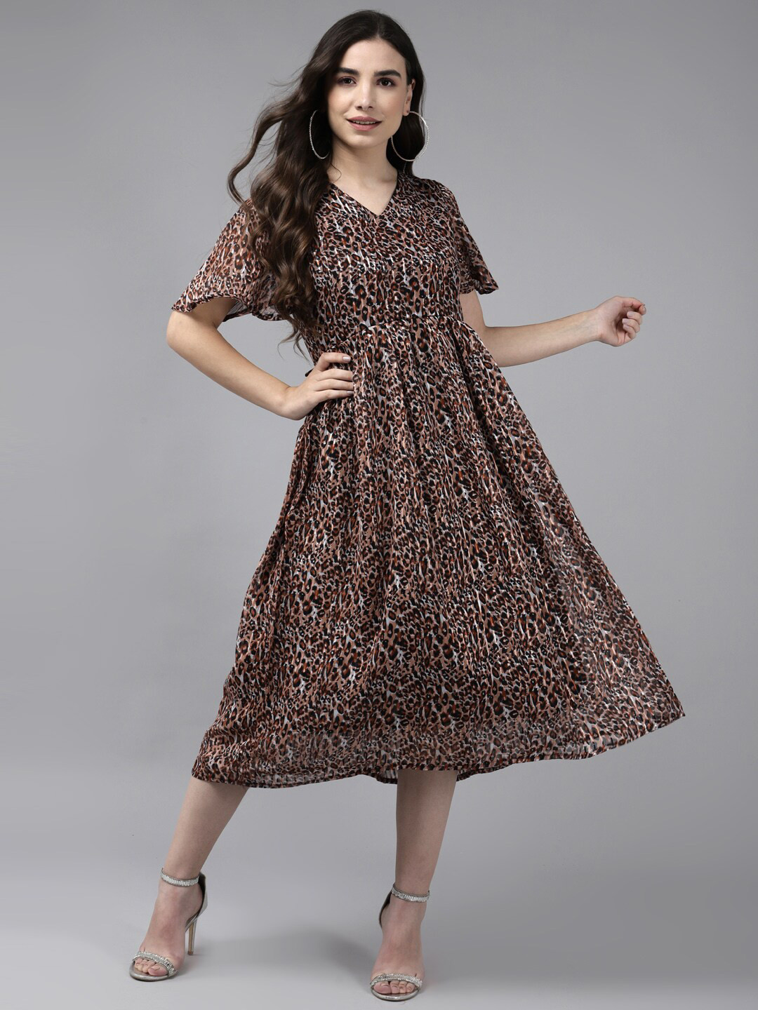 

Aarika Women Brown Animal Georgette A-Line Midi Dress