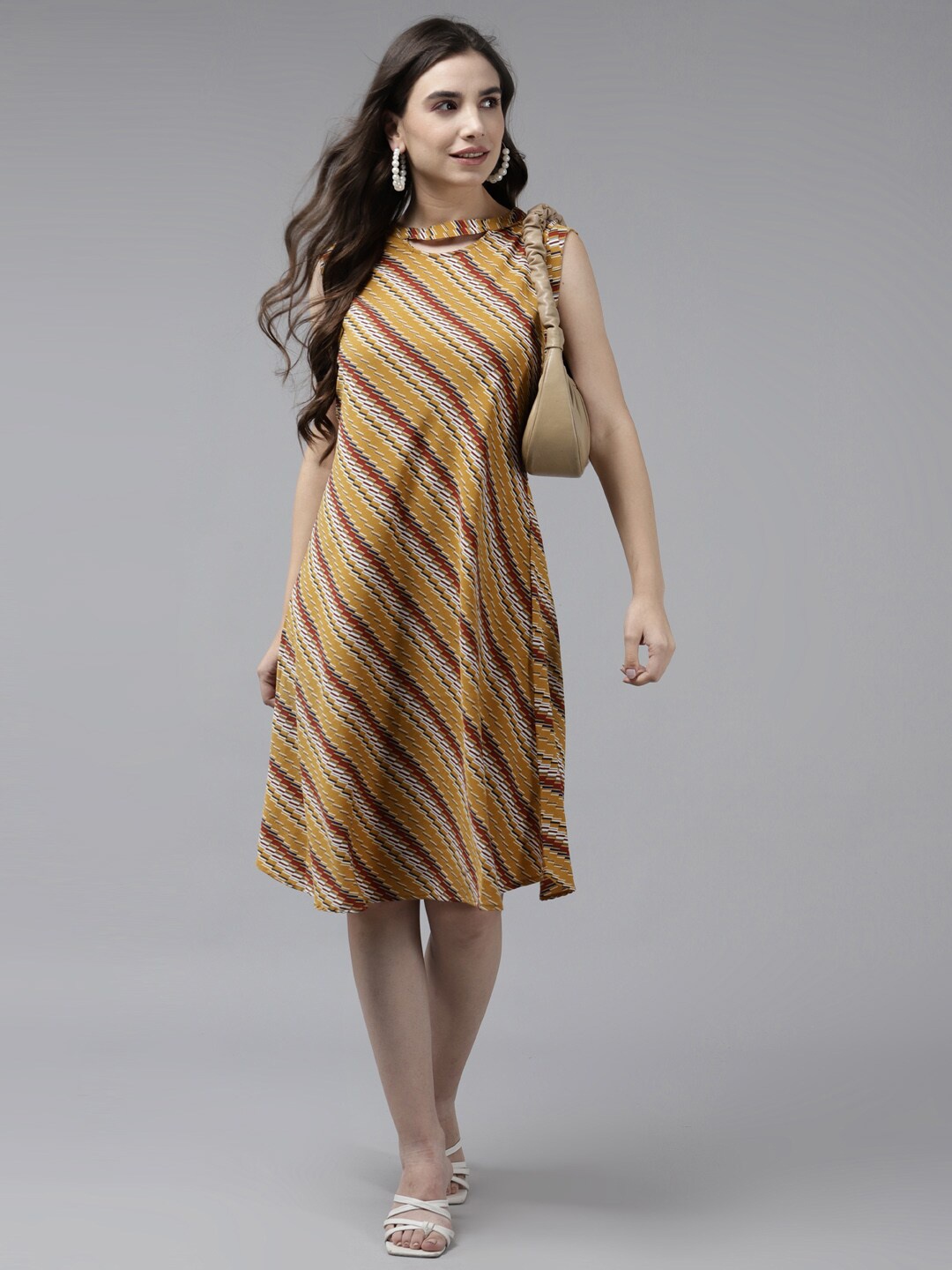 

Aarika Mustard Yellow Striped Georgette A-Line Dress