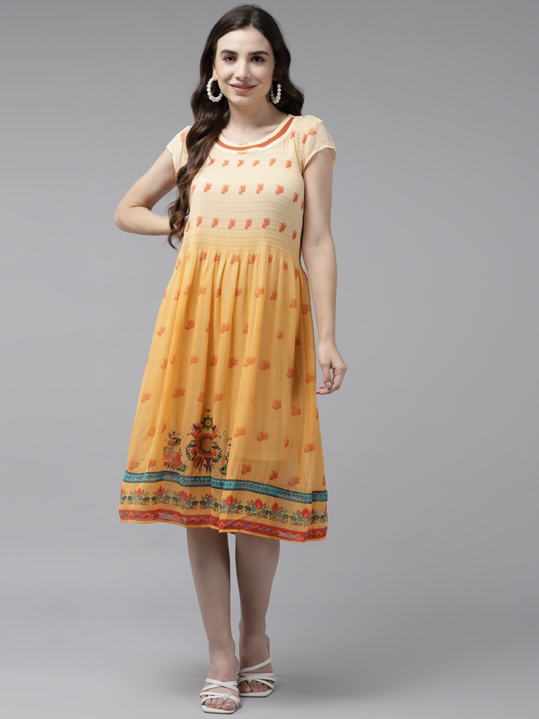 

Aarika Beige Floral Georgette Ethnic A-Line Midi Dress