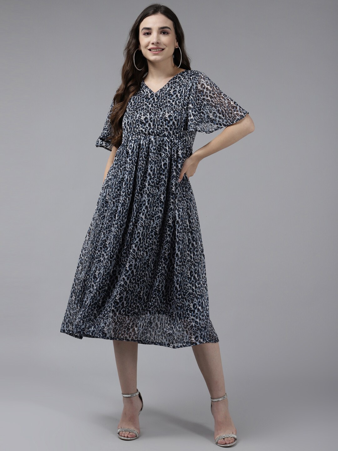 

Aarika Navy Blue Animal Georgette Empire Midi Dress