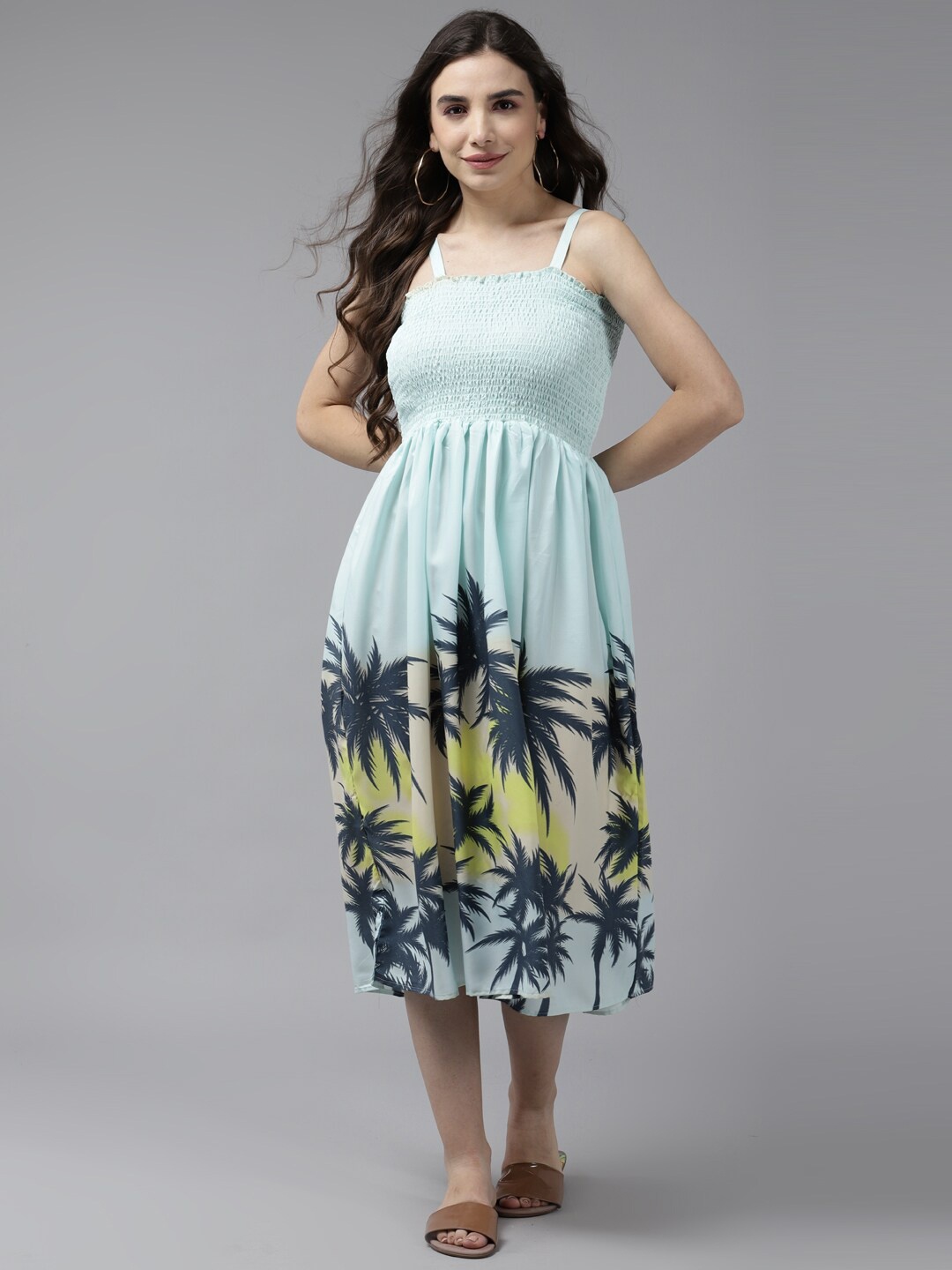 

Aarika Sea Green Tropical Georgette Midi Dress