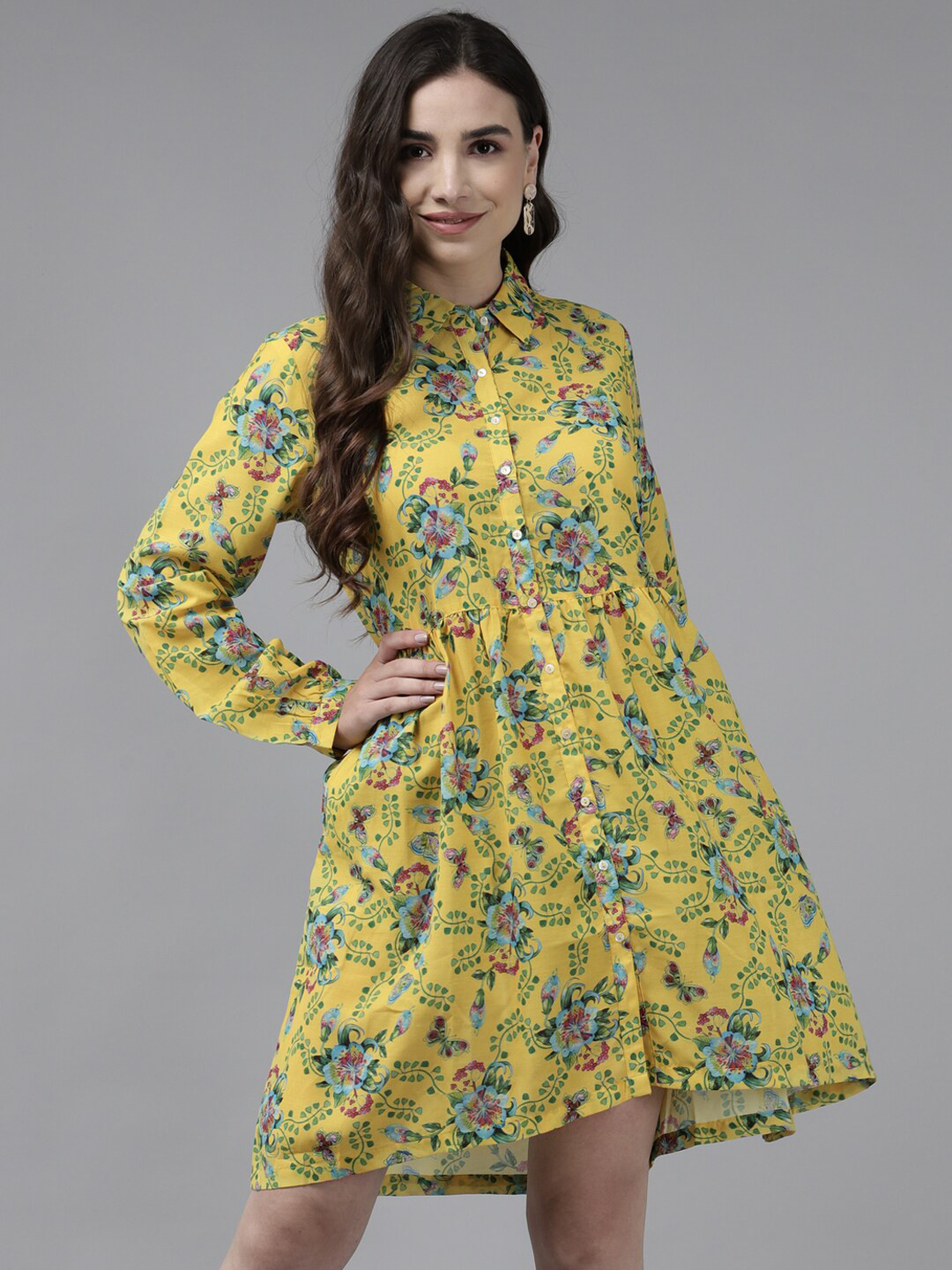 

Aarika Yellow & Blue Floral Georgette Shirt Dress