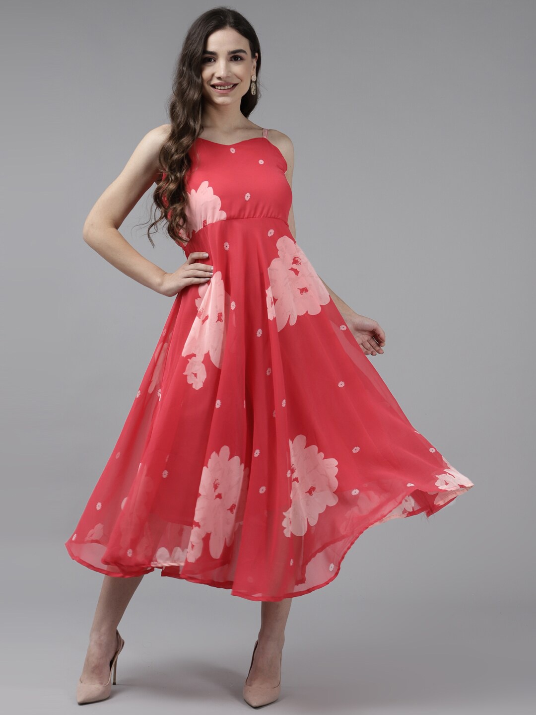 

Aarika Peach-Coloured Floral Georgette Midi Dress