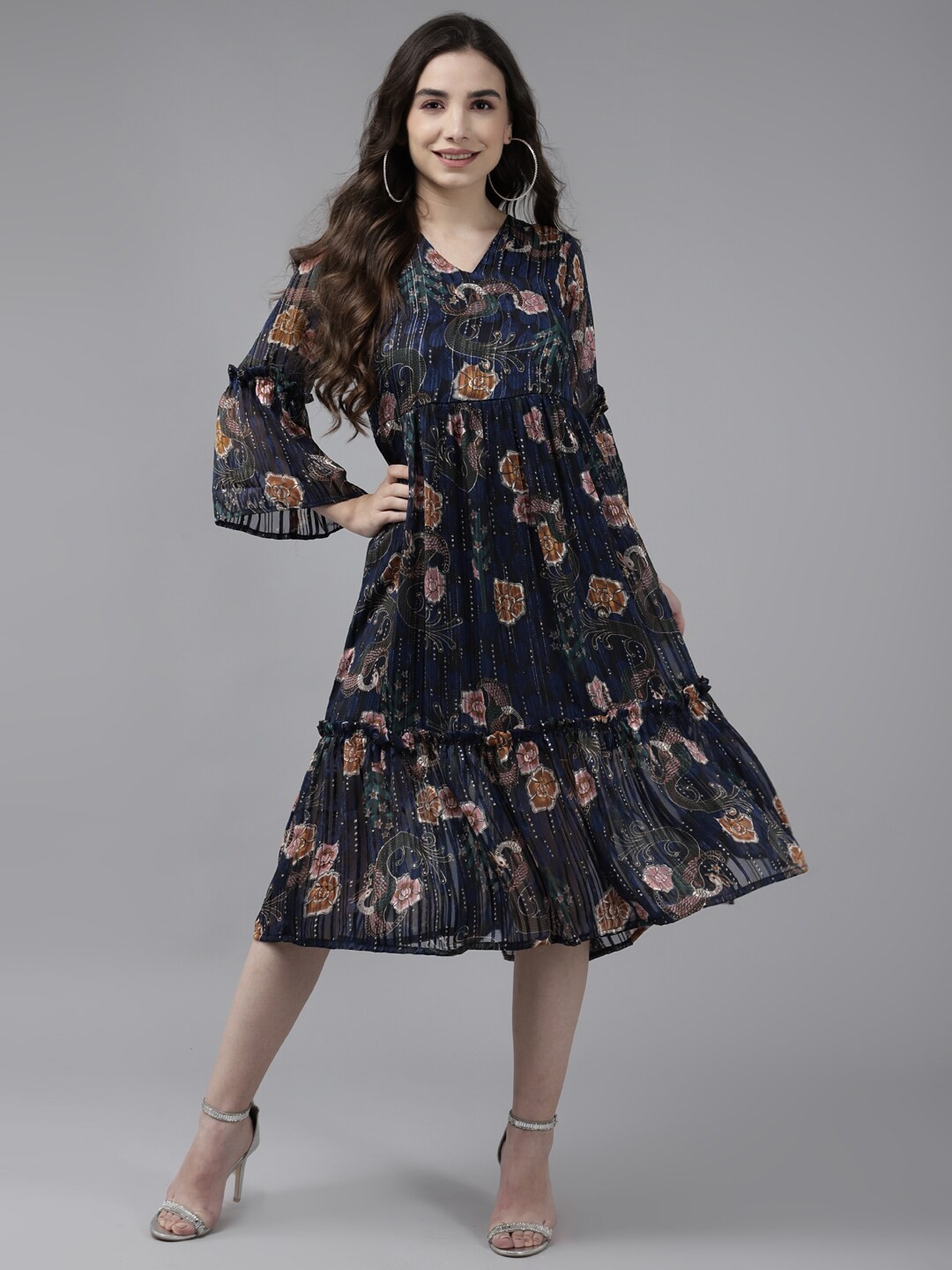 

Aarika Navy Blue Floral Georgette A-Line Midi Dress