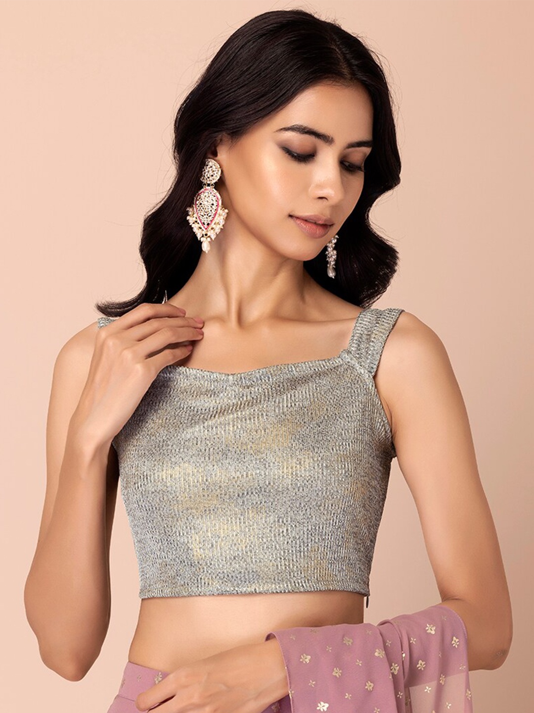 

INDYA Women Grey Self-Design Crop Top