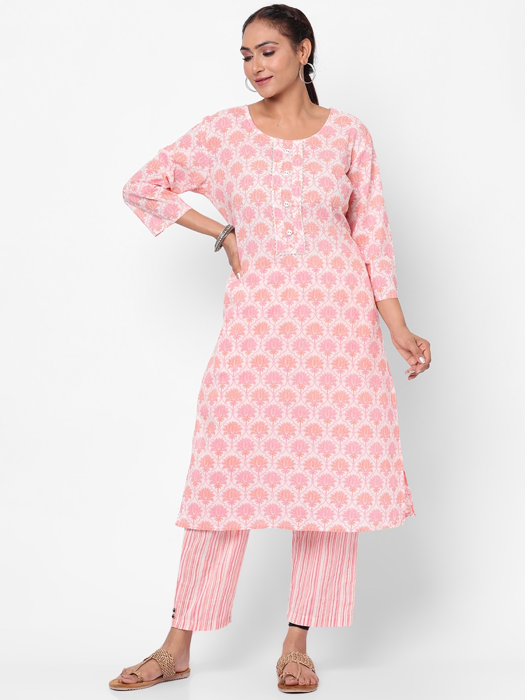 

Kastiel Women Floral Printed Kurta with Trousers, Pink