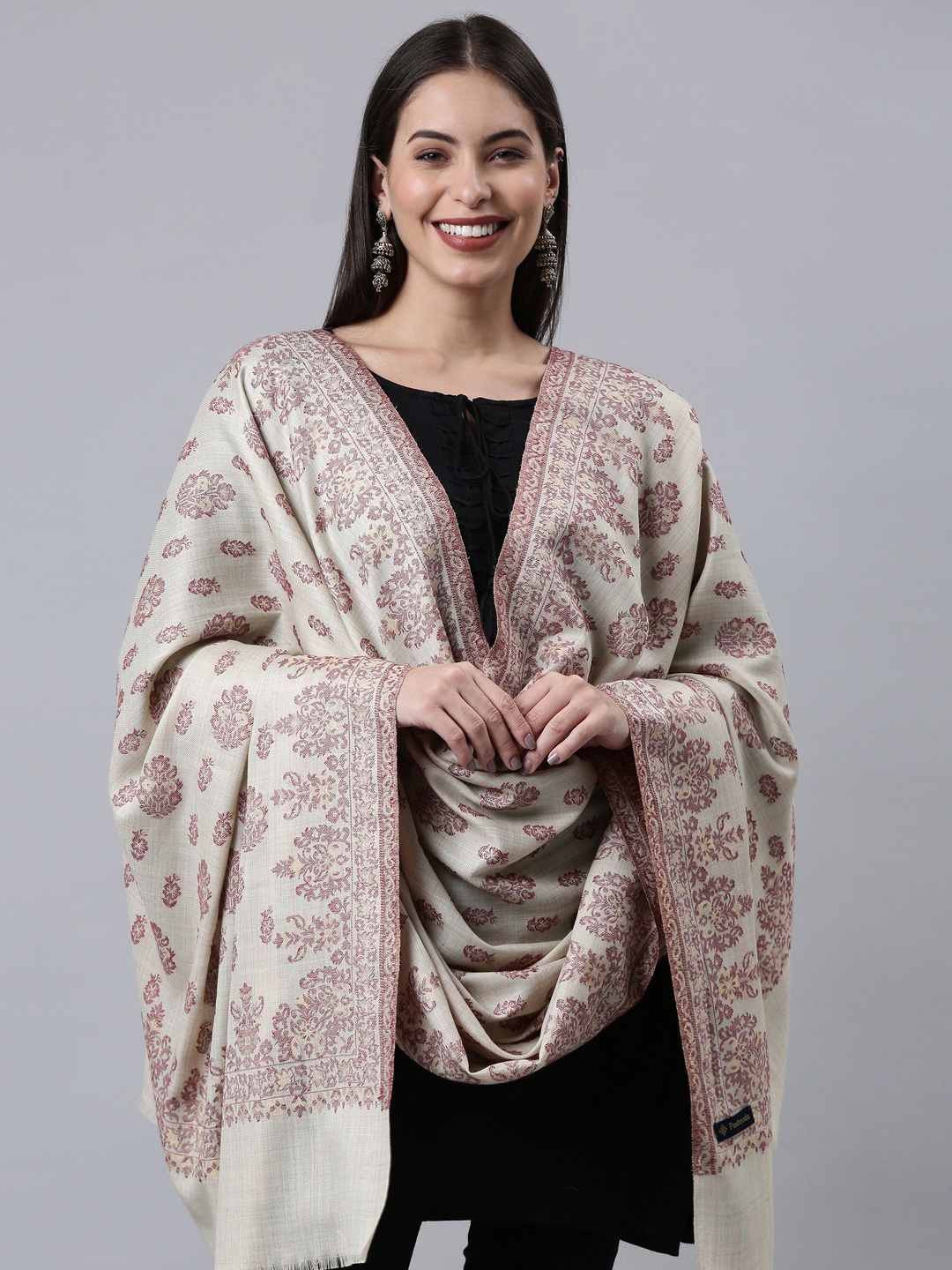 

Pashmoda Women Beige & Pink Printed Woven-Design Kaani Wool Shawl