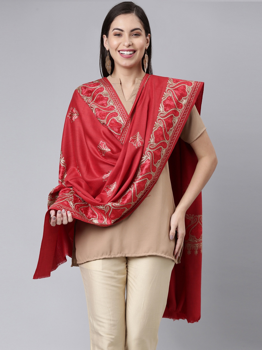 

Pashmoda Women Maroon & Beige Woven Paisley Design Shawl