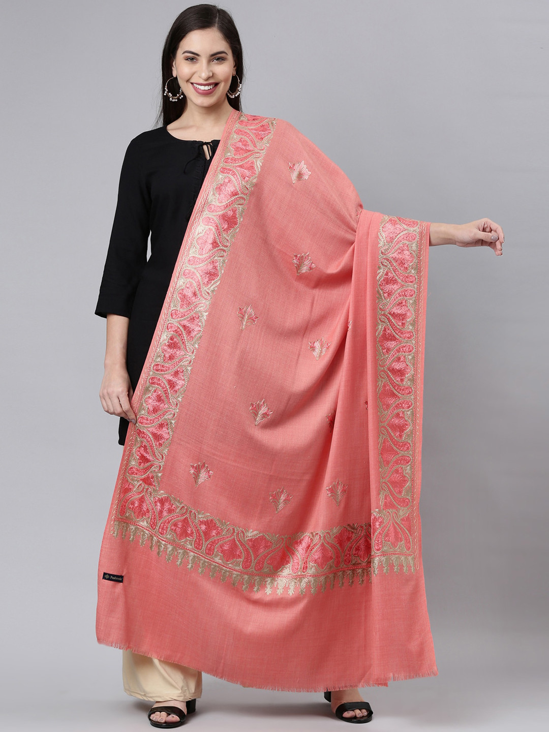 

Pashmoda Women Pink Emberoidered Paisley Design Shawl