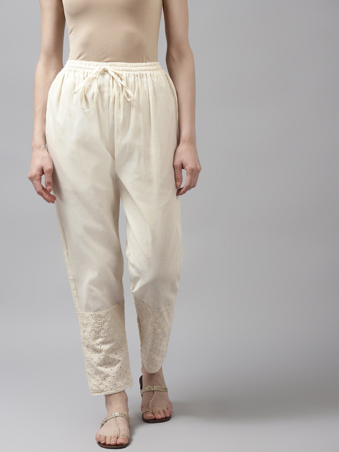 

Aarika Women Cream-Coloured Solid Cotton Palazzos