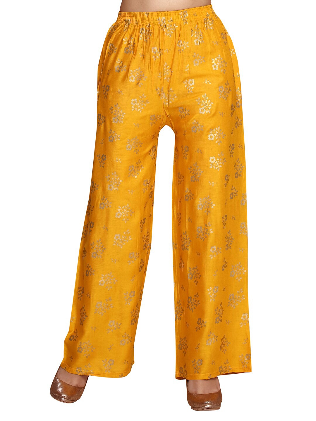 

Aarika Women Yellow & Gold-Toned Floral Printed Handloom Palazzos