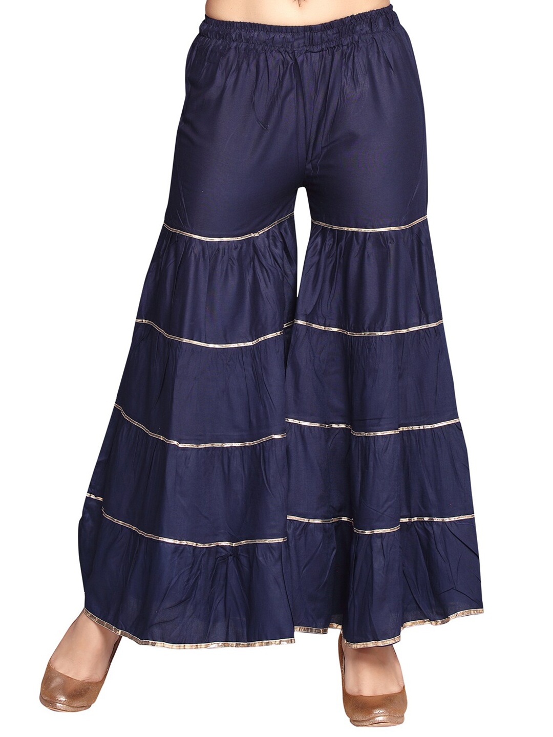 

Aarika Women Navy Blue & Gold-Toned Striped Flared Palazzos