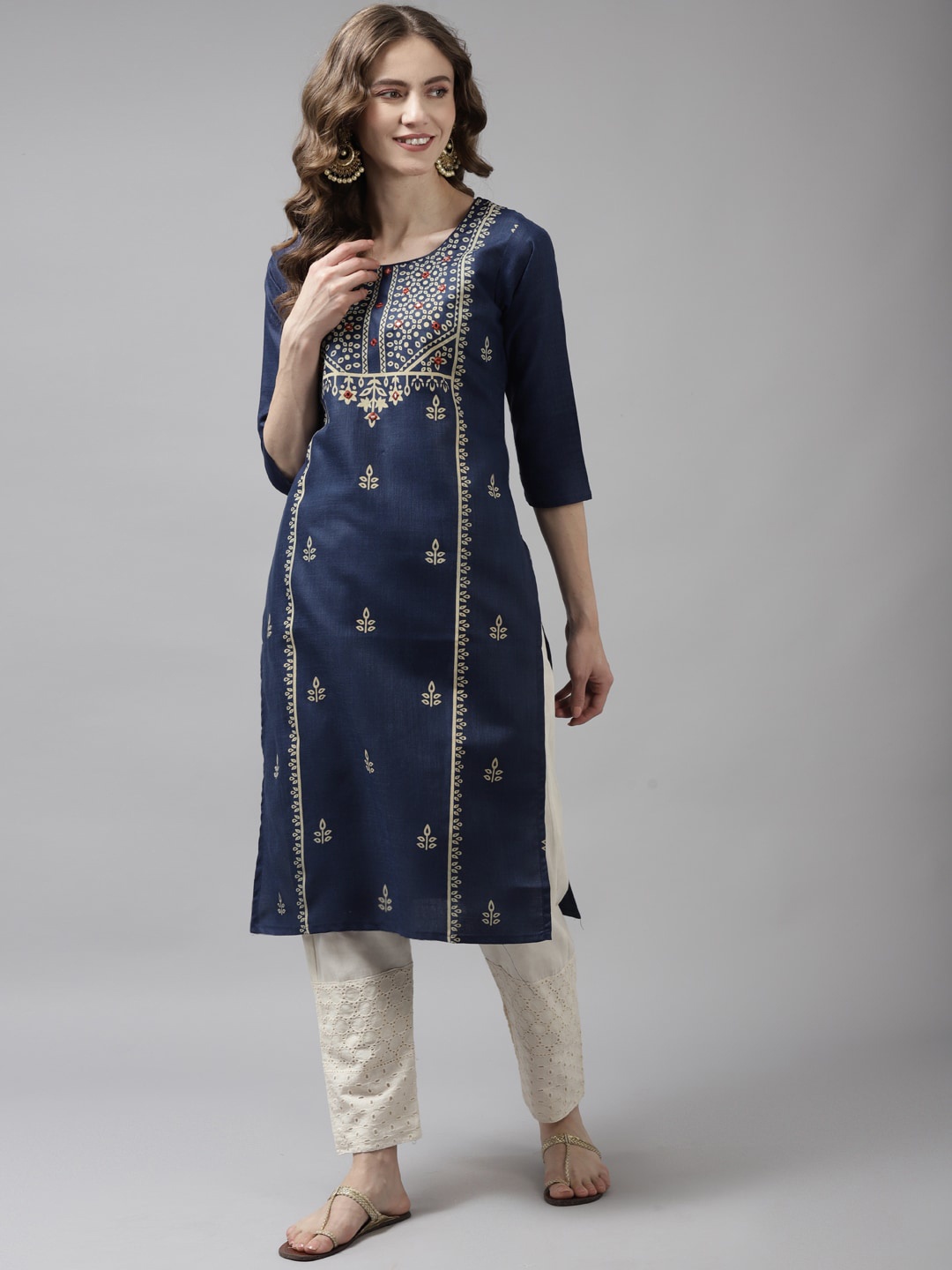 

Aarika Women Navy Blue Floral Printed Mirror Work Pure Cotton Kurta
