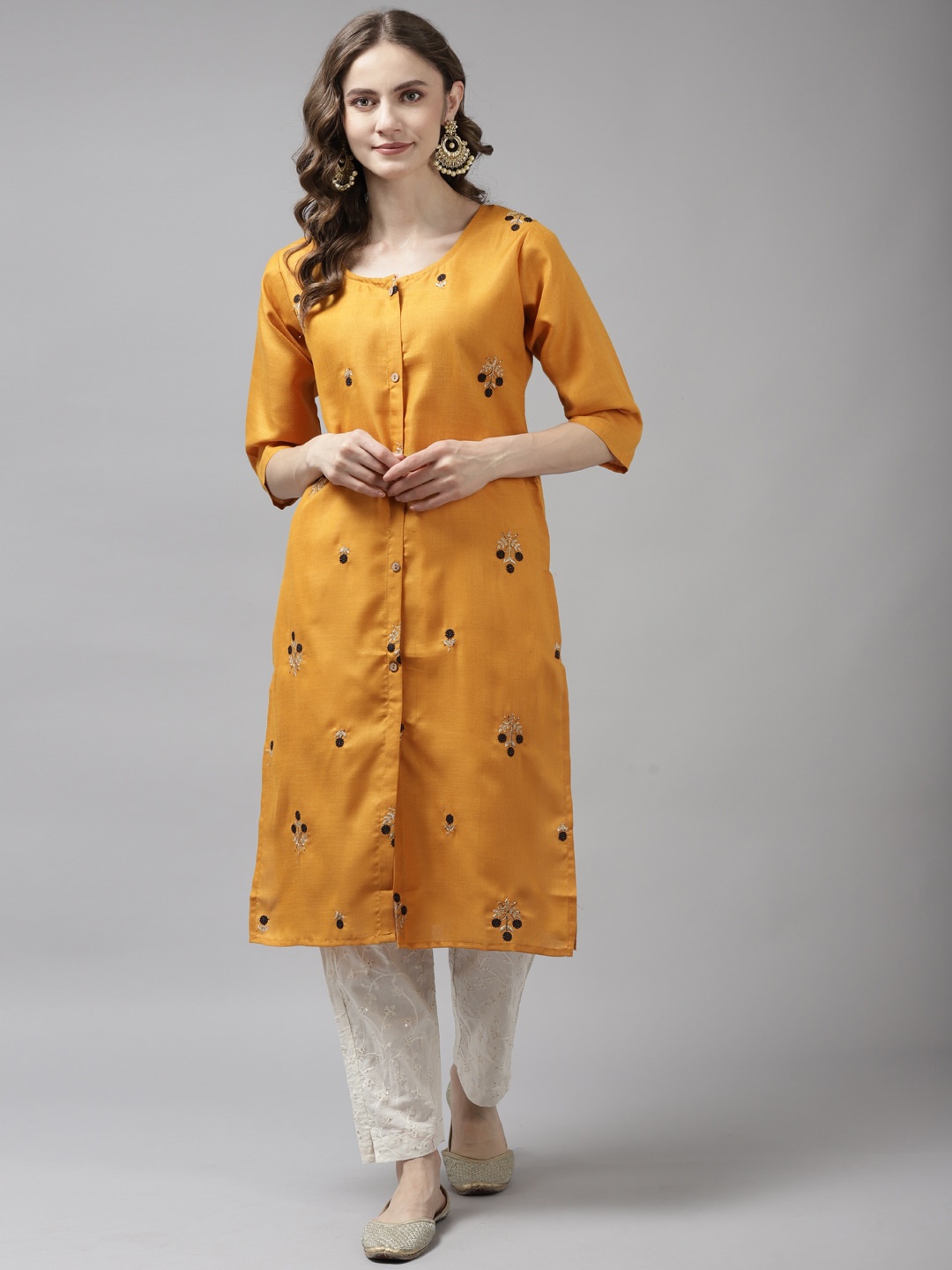 

Aarika Women Mustard Yellow Embroidered Thread Work Handloom Kurta