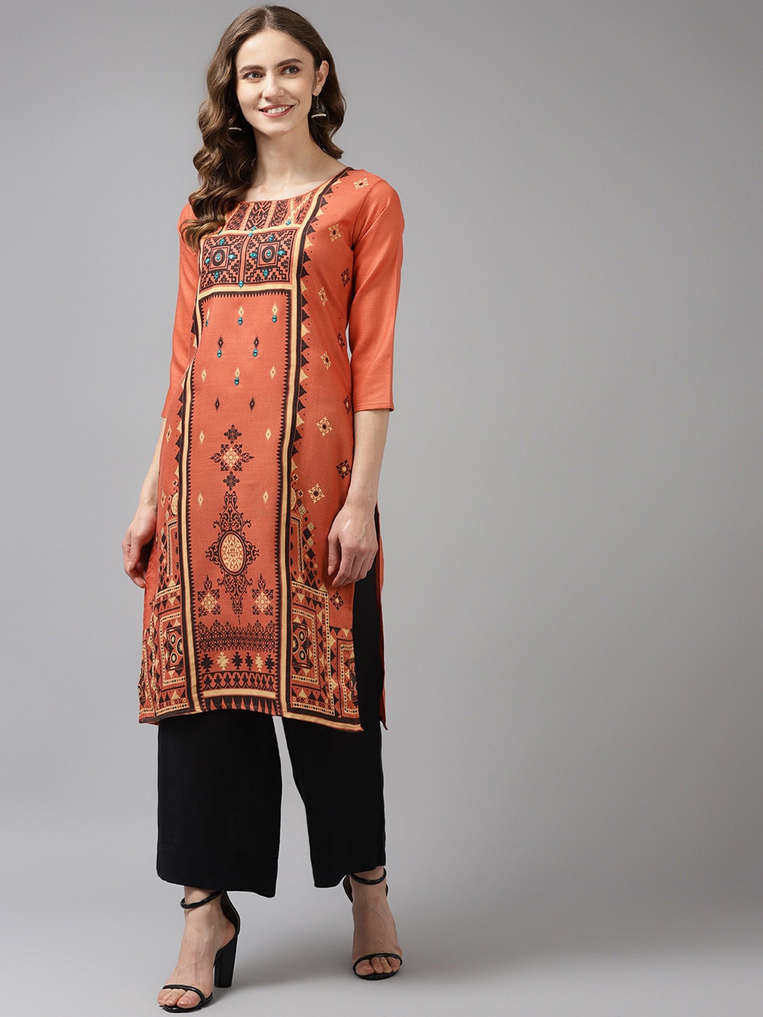 

Aarika Women Orange Ethnic Motifs Printed Cotton Kurta