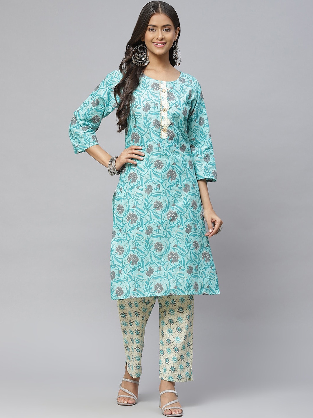 

Aarika Women Floral Printed Pure Cotton Kurta with Trouser, Turquoise blue