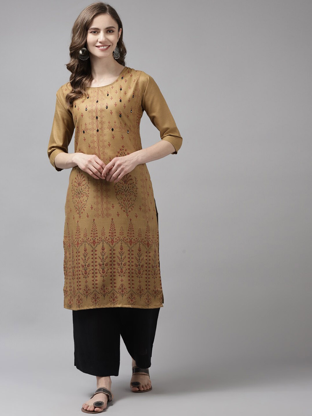

Aarika Women Olive Green Ethnic Motifs Printed Mirror Work Kurta