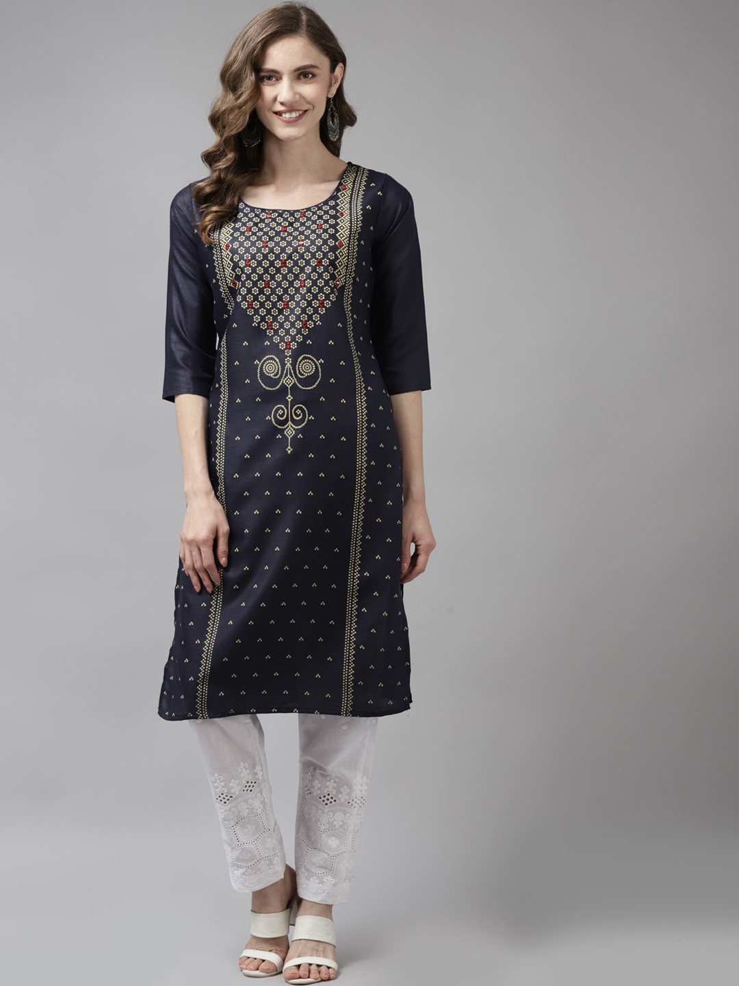 

Aarika Women Navy Blue Floral Printed Mirror Work Kurta
