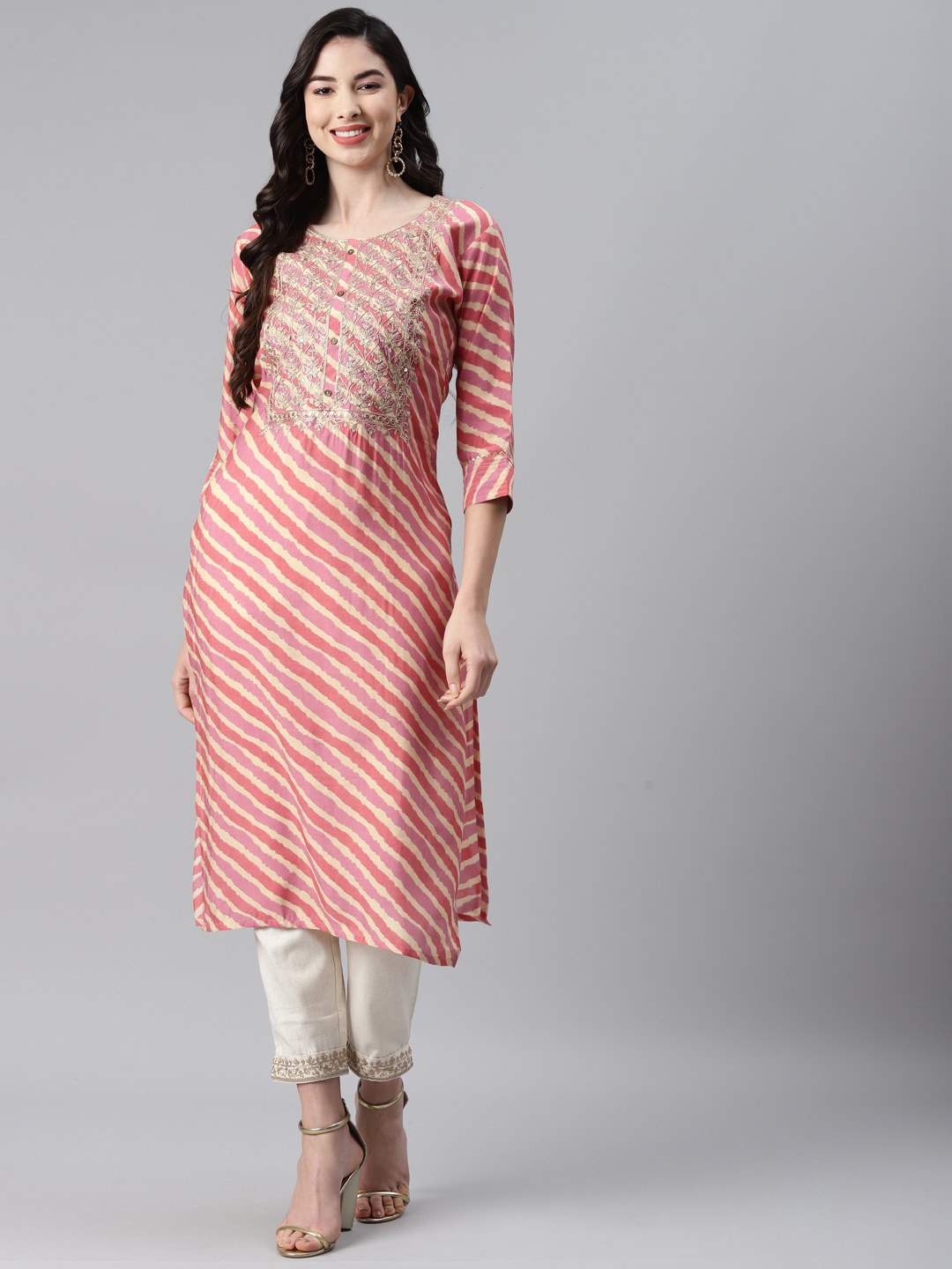 

Aarika Women Pink Leheriya Striped Flared Sleeves Gotta Patti Handloom Kurta