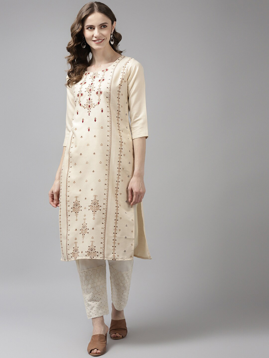 

Aarika Women Beige Ethnic Motifs Printed Thread Work Cotton Kurta