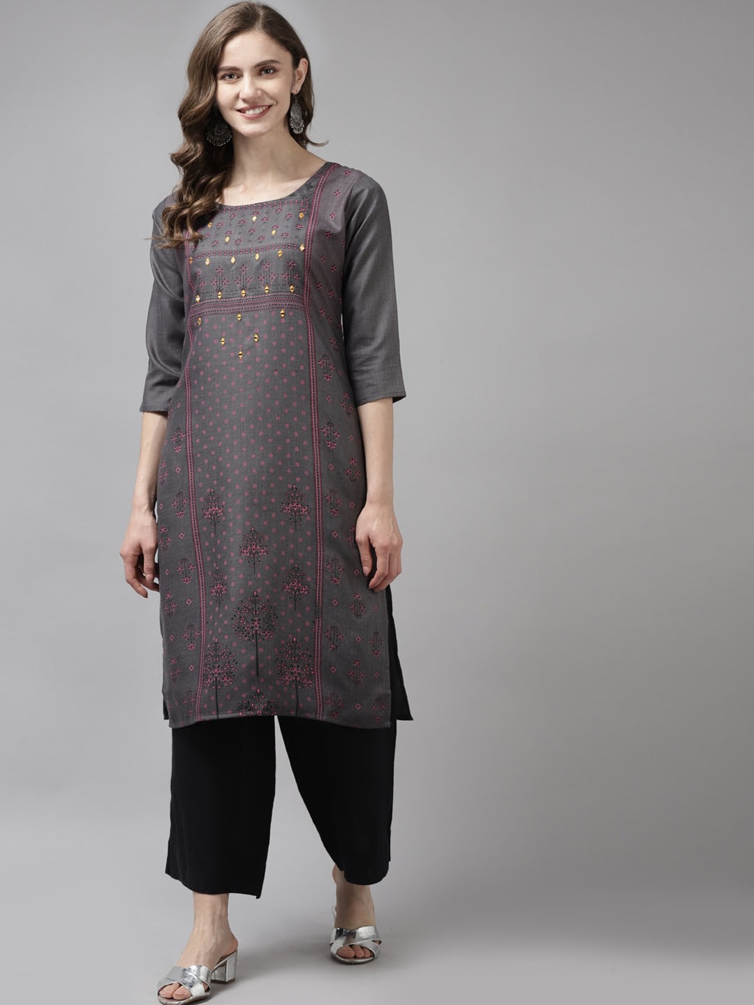 

Aarika Women Grey Floral Printed Thread Work Kurta