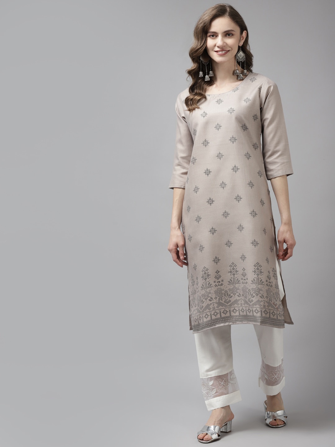 

Aarika Women Grey Geometric Printed Pure Cotton Handloom Kurta