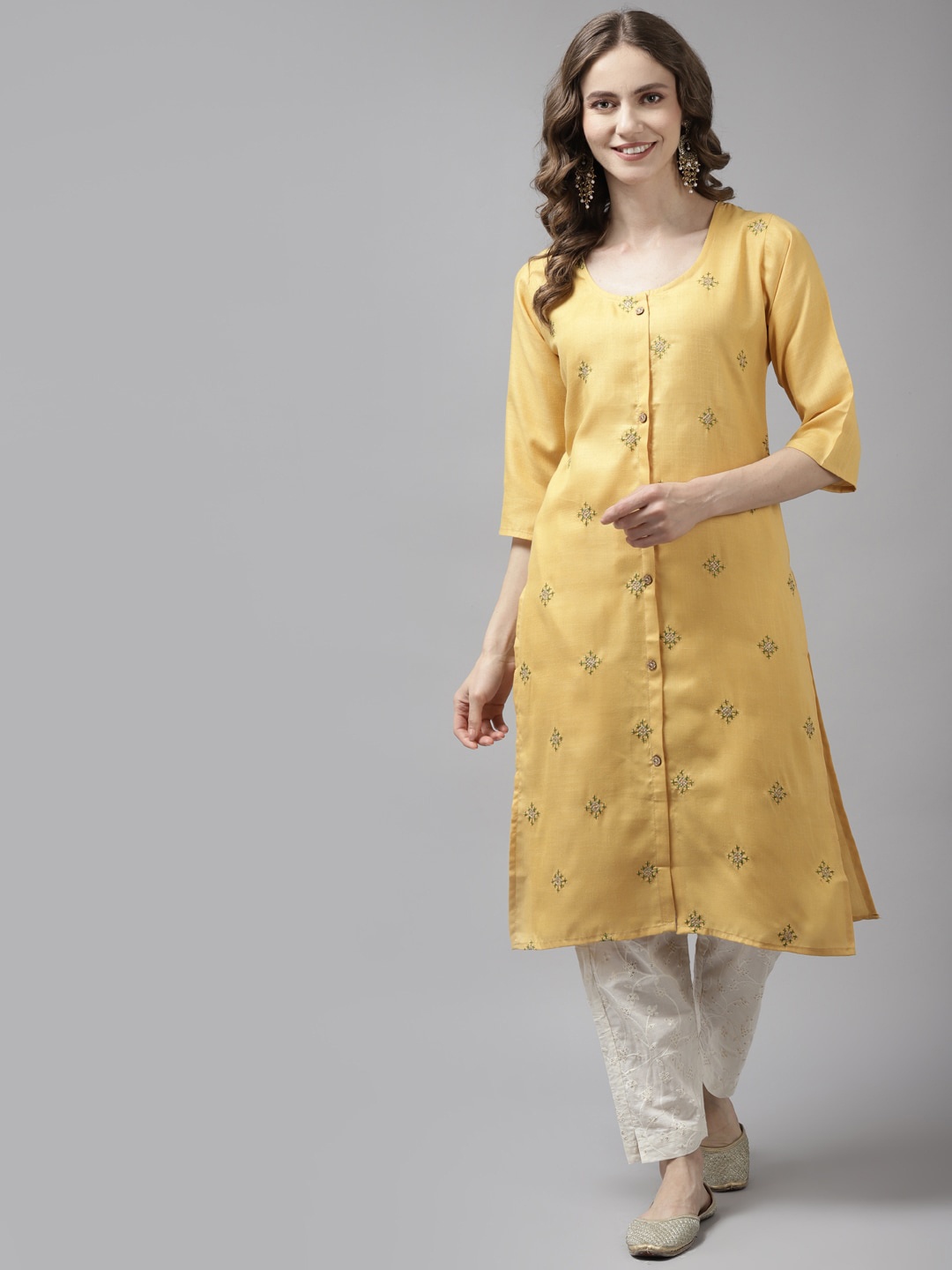 Aarika Women Yellow Ethnic Motifs Embroidered Cotton Kurta