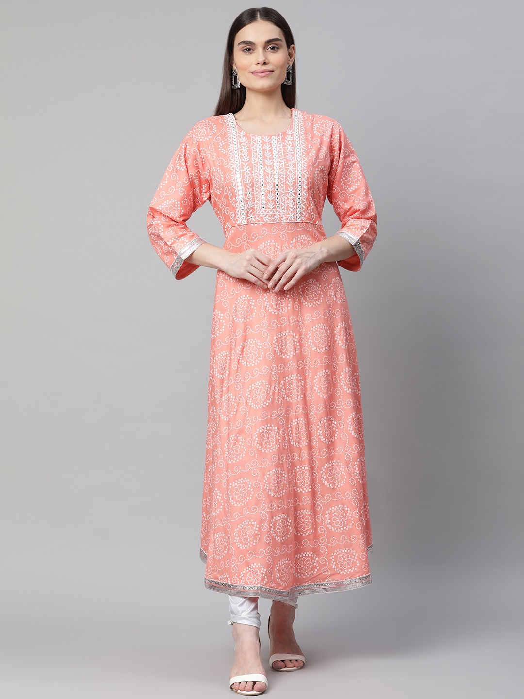 

Aarika Women Peach-Coloured Bandhani Printed Mirror Work Anarkali Cotton Kurta