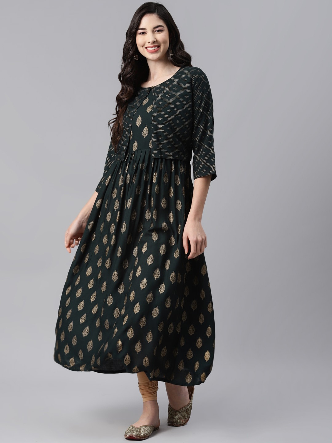 

Aarika Women Green Ethnic Motifs Printed Pure Cotton Anarkali Kurti