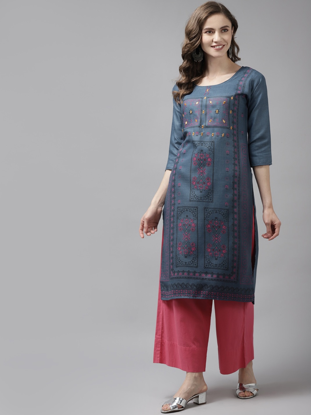 

Aarika Women Blue Floral Printed Thread Work Handloom Cotton Kurta
