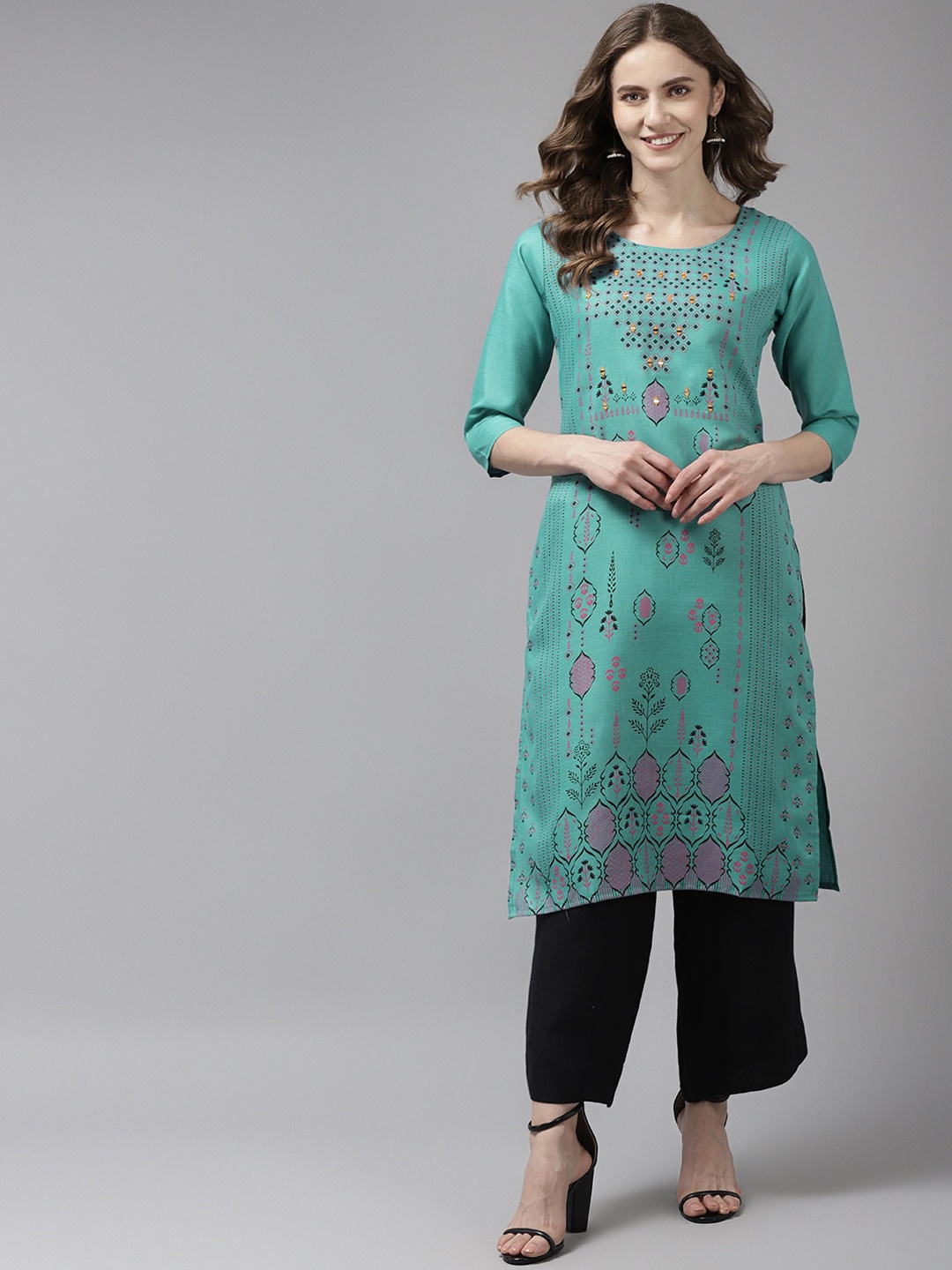 

Aarika Women Sea Green & Black Ethnic Motifs Printed Mirror Work Cotton Kurta