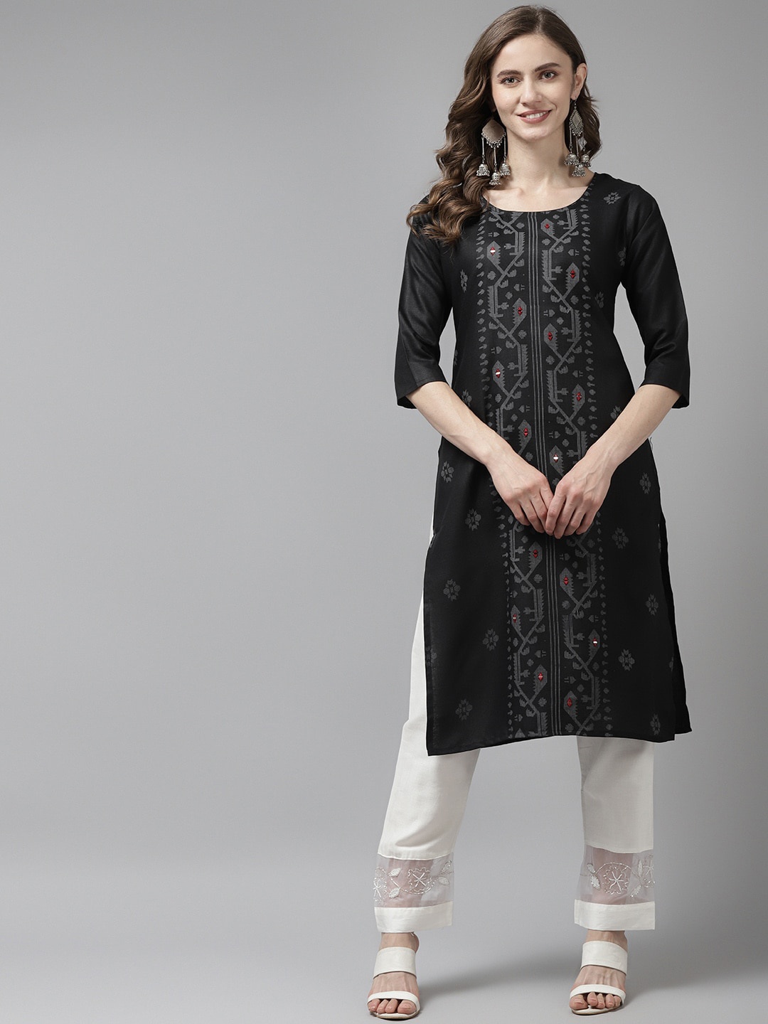 

Aarika Women Black Ethnic Motifs Printed Thread Work Cotton Kurta