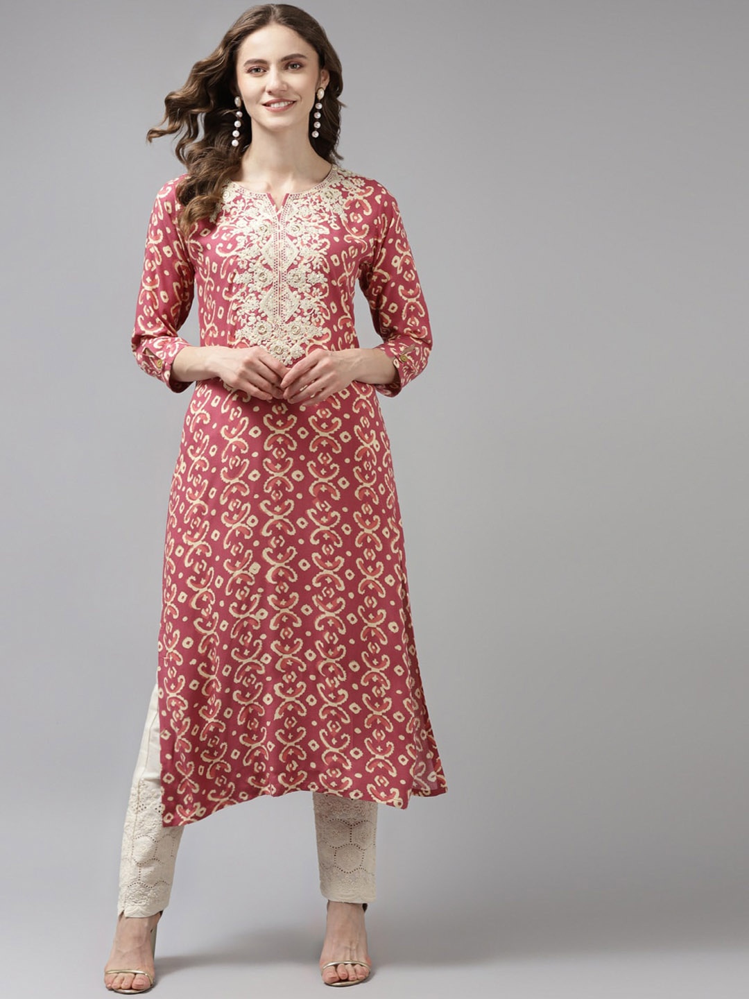 

Aarika Women Pink Floral Printed Thread Work Handloom Cotton Kurta
