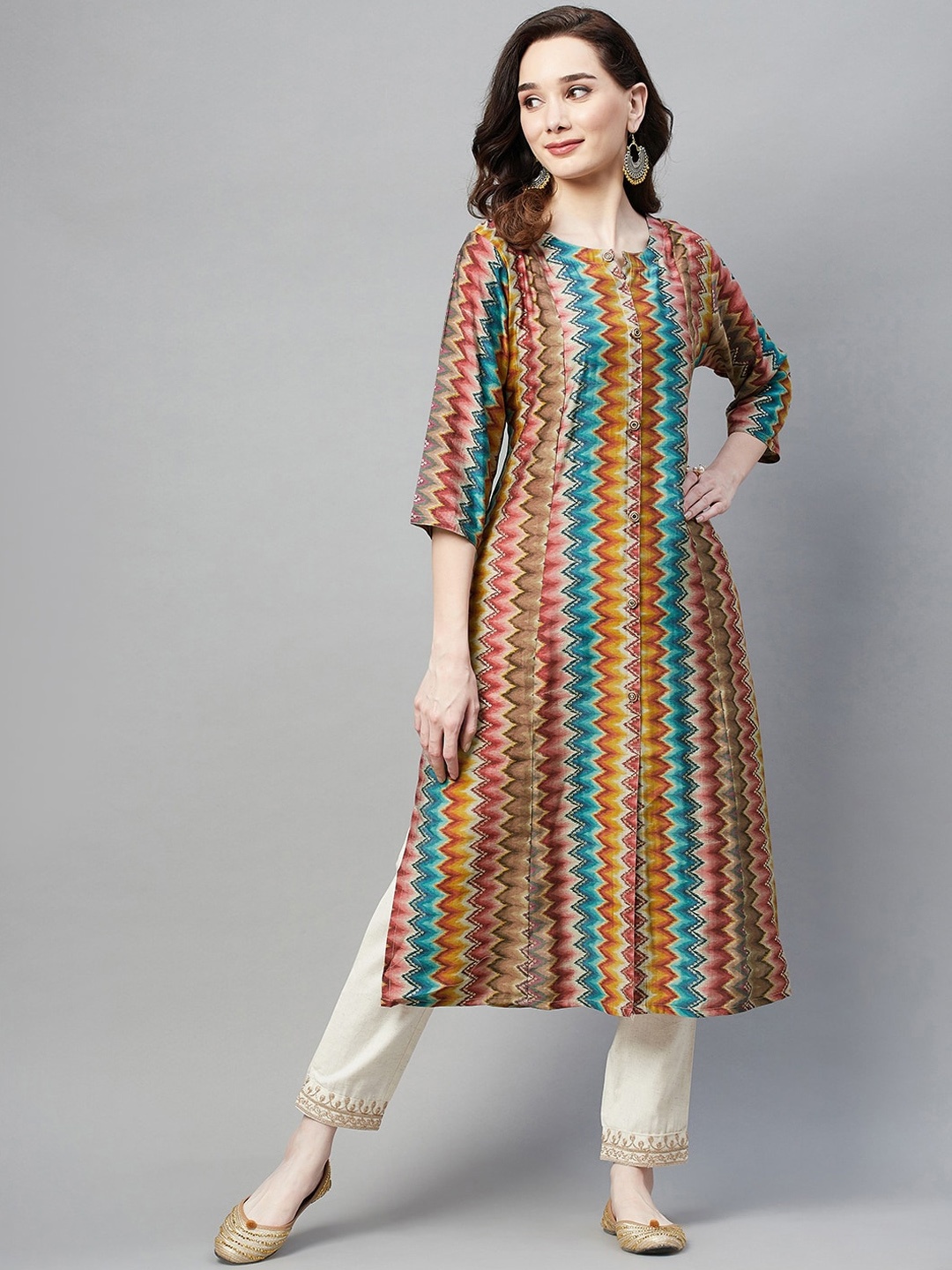 

Aarika Women Multi Chevron Print Striped Handloom Straight Kurta