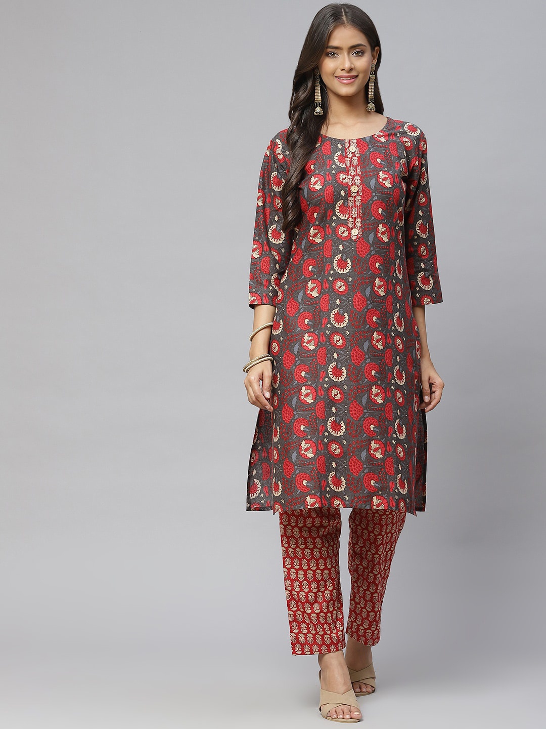 

Aarika Women Grey Floral Printed Pure Cotton Kurta with Trousers