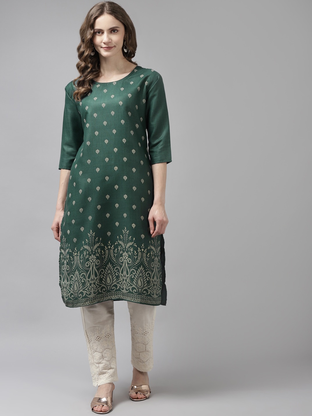 

Aarika Women Green Floral Printed Handloom Cotton Kurta