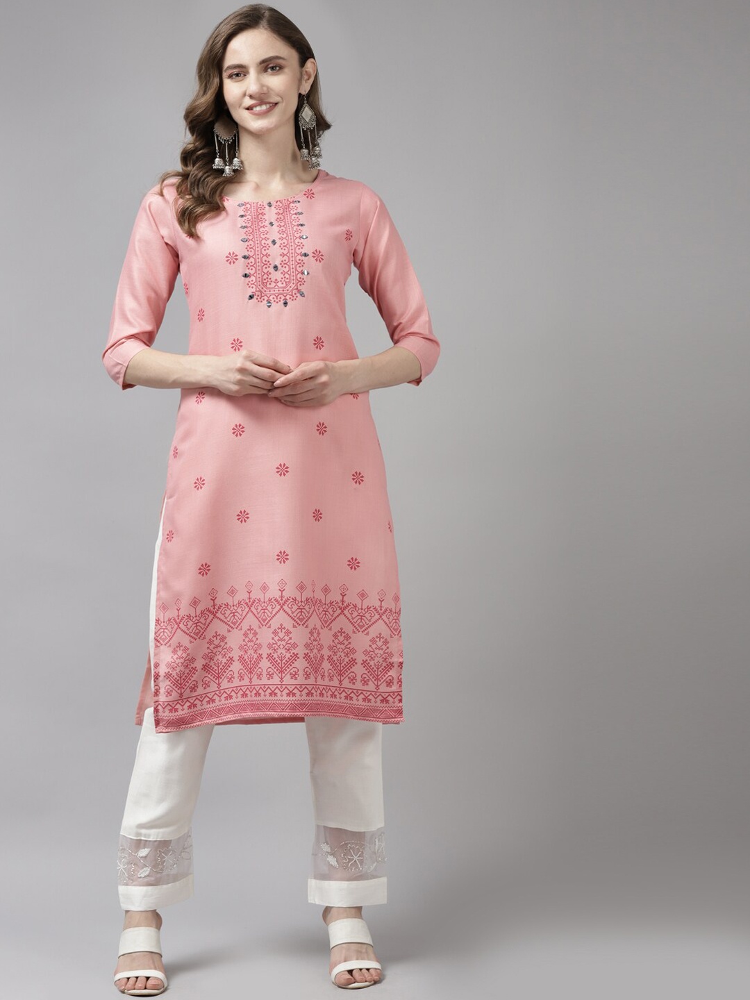 

Aarika Women Pink Ethnic Motifs Printed Mirror Work Cotton Kurta