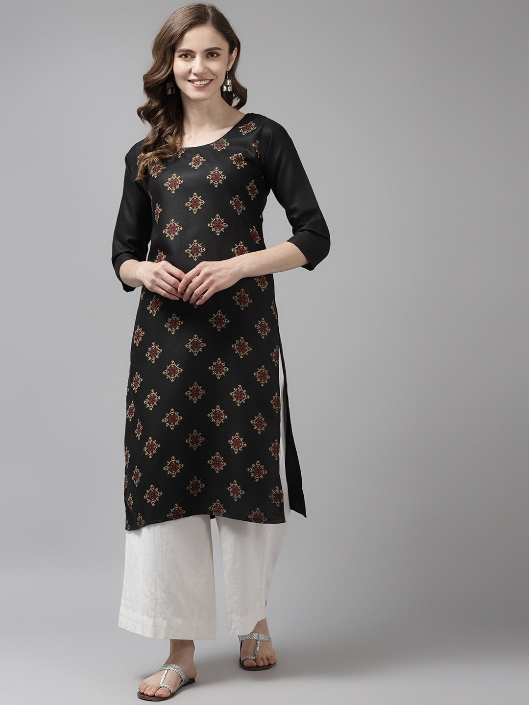 

Aarika Women Black & Gold-Toned Ethnic Motifs Printed Handloom Cotton Kurta
