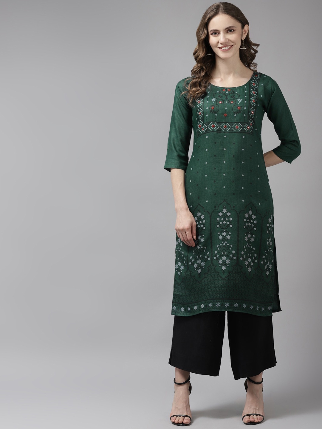 

Aarika Women Green Geometric Printed Mirror Work Handloom Cotton Kurta