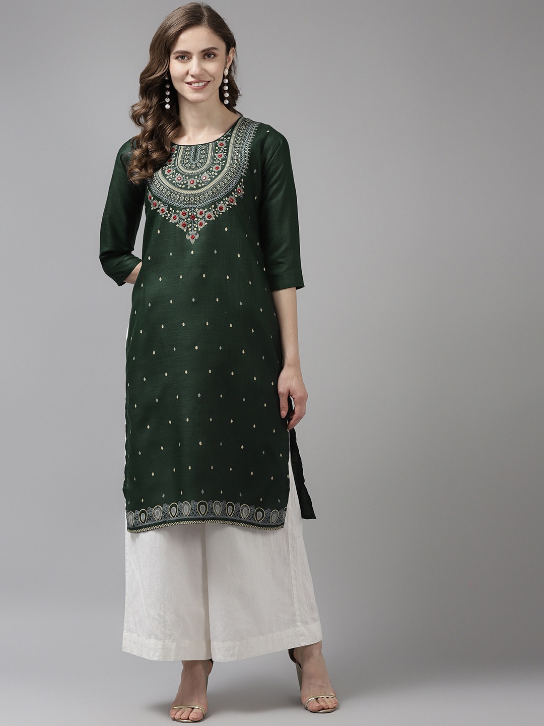 

Aarika Women Green & Beige Geometric Printed Thread Work Kurta