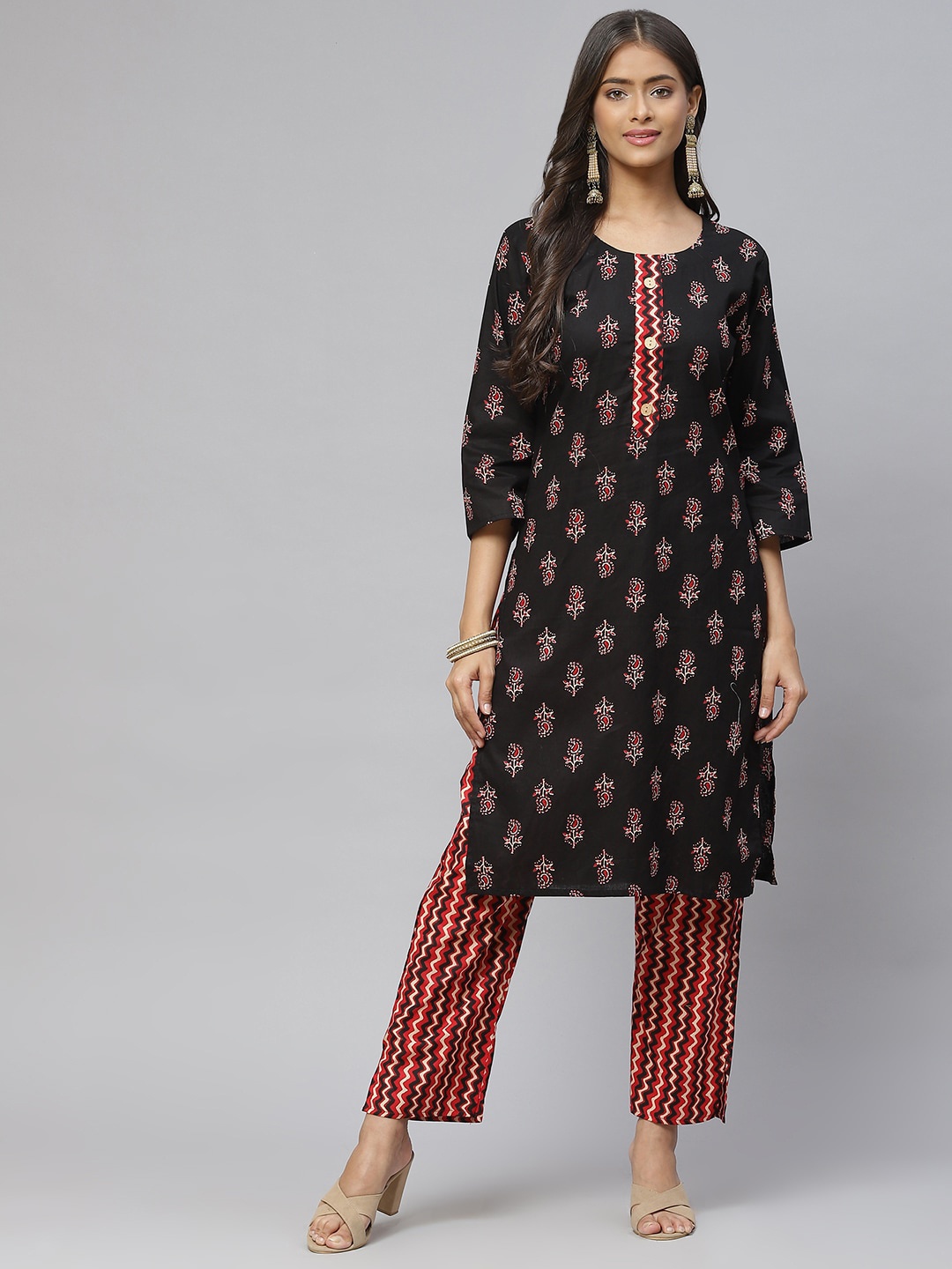 

Aarika Women Black Ethnic Motifs Printed Pure Cotton Kurta with Trousers